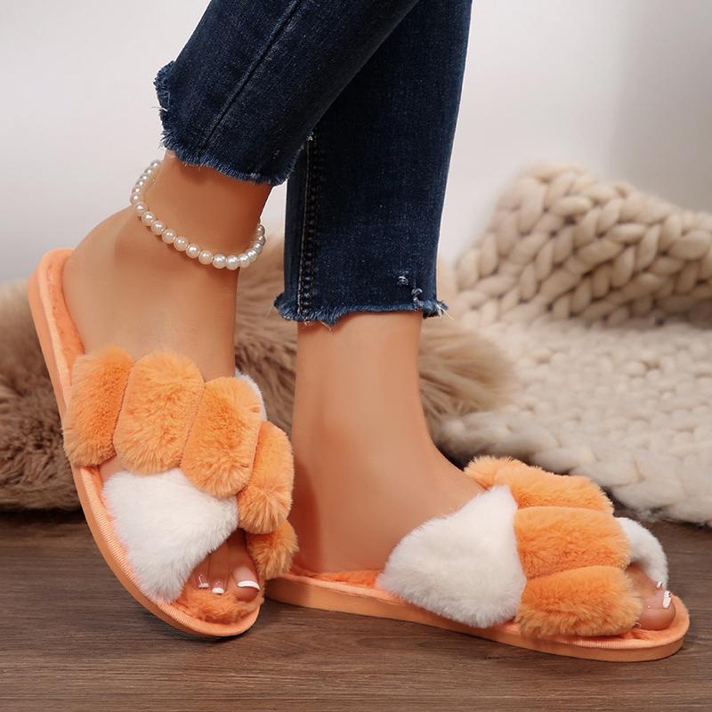 Модные тапочки из меха смешанных цветов для женщин Осень Зима 2025 Мягкая подошва Длинный плюш Для дома и улицы Шлепанцы Женские Пушистые Уютные