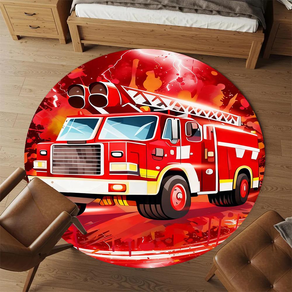 1PC Firetruck Lightning Round Chair mat Area Rug - Non-Slip, Floor Mat for Office, Bedroom, and Indoor Decor -Gift D1127203