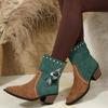 Women's Wide Width Embroidered Cowboy Boots, V-Cut Pointed Toe Ankle Boots, Western Style Chunky Heel Booties for Women