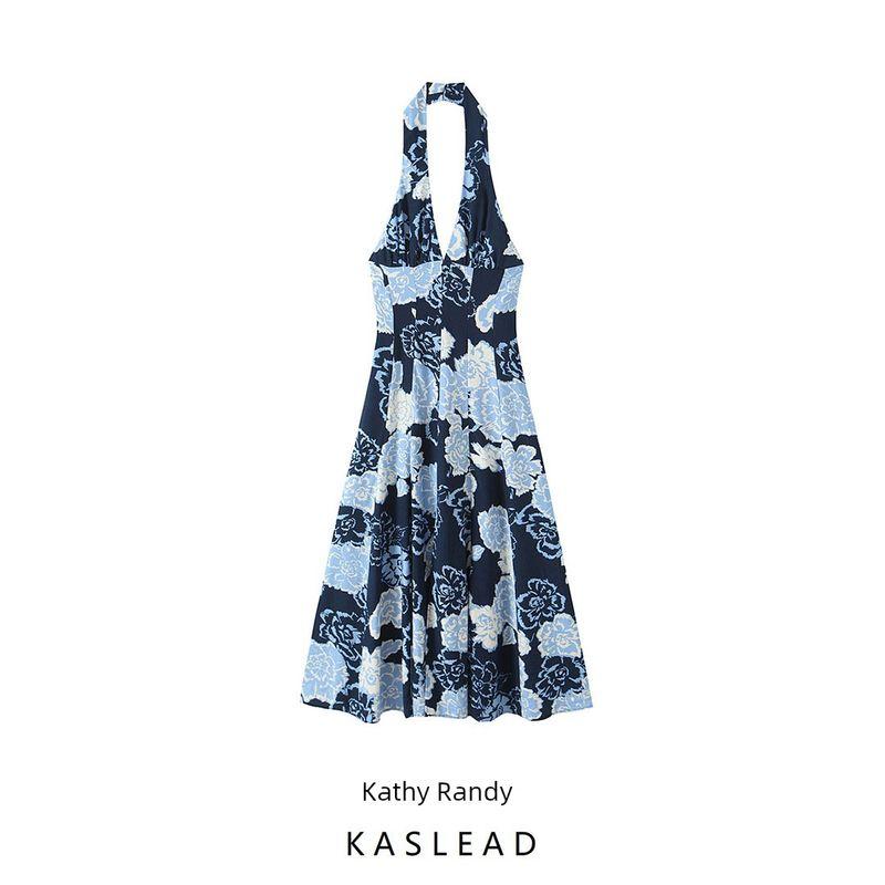 Kaslead New Women Clothes Western Style Print Neck Collar Midi Dress 8173555