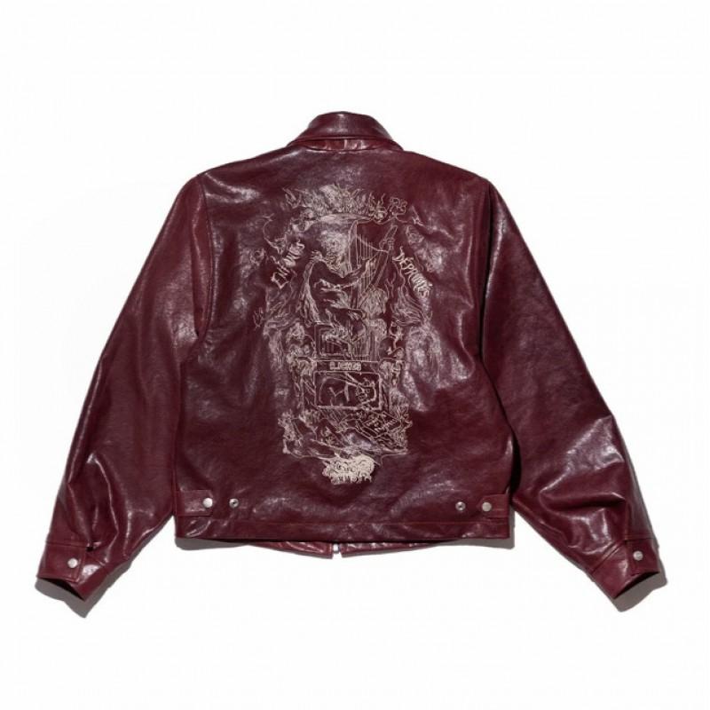 Унисекс кожаная куртка бордового цвета с вышивкой и отложным воротником Streetwear Повседневная верхняя одежда Подростки Взрослые