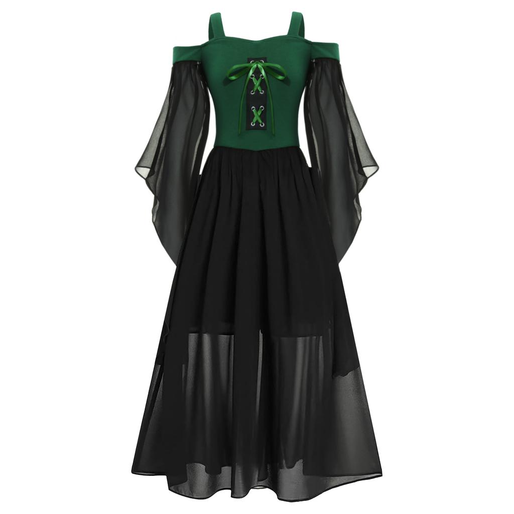 Girls Halloween Medieval Renaissance Gothic Dress Cold Shoulder Butterfly Sleeve Lace Up Witch Dress Cosplay Dress
