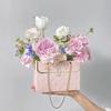 Flower Paper Gift Box with Metal Chain Bouquet Storage Bucket Small Florist Handbag Gift Craft Wrap Bag for Wedding Party Bridal Shower