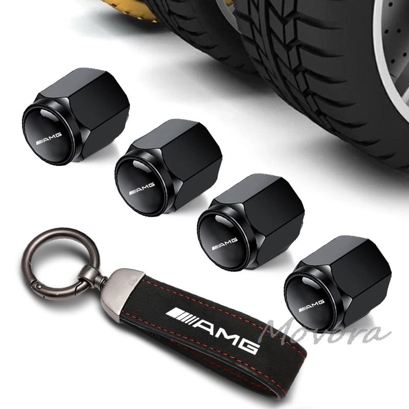 TXF4 Car Tire Valve Stem Car Leather Keyring Wheel Air Valve Cover For Mercedes Benz W204 W205 W211 203 212 S G E GLE GLS CLA GLC AMG