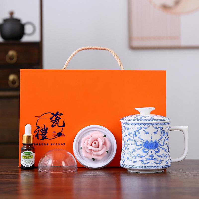 Guochao aromatherapy porcelain flower Dehua suet jade office cup teacup gift box for girlfriends and ladies with gifts for customers