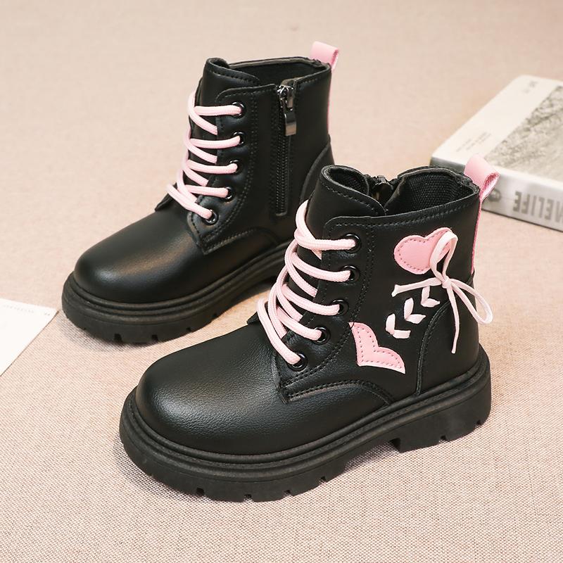 Children Fashion Boots Girls Ankle Boots Pink Elegant Zipper Cool Love Pattern Kids Princess Leather Boots Non-slip Size 26-37