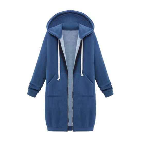 Women Sweatshirt Coat Hooded Adjustable Drawstring Long Sleeve Coat with Pockets Solid Color Mid-length Outerwear