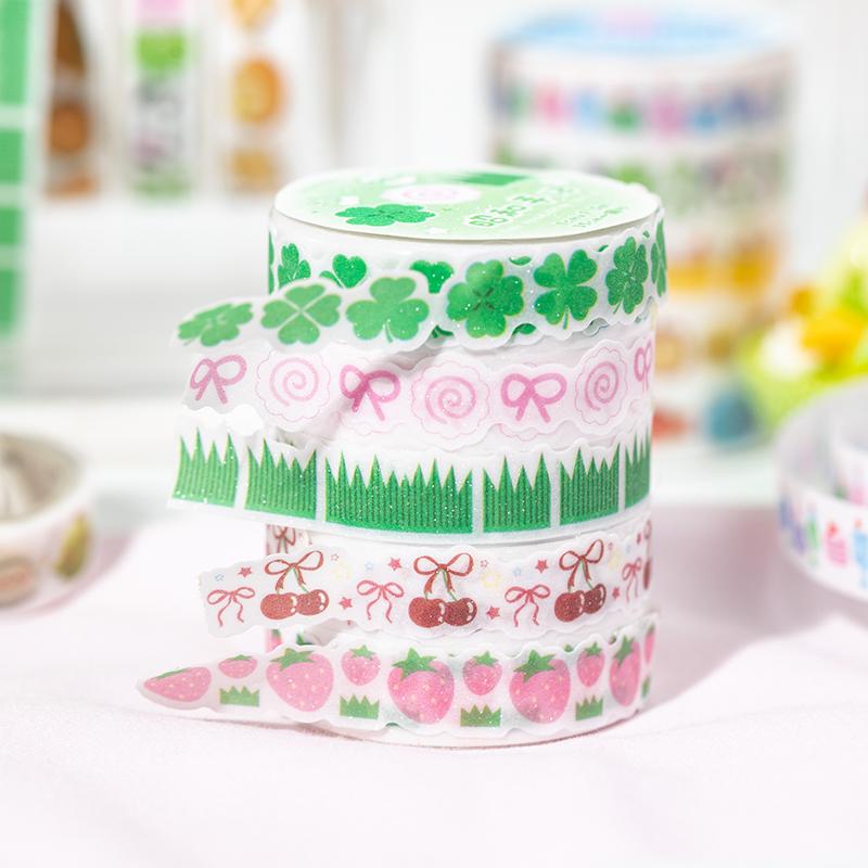 5Roll/set Retro Cute Y2K Glitter Decoration Adhesive Tape Planner Handbook DIY Scrapbooking Journal Collage Material Stickers
