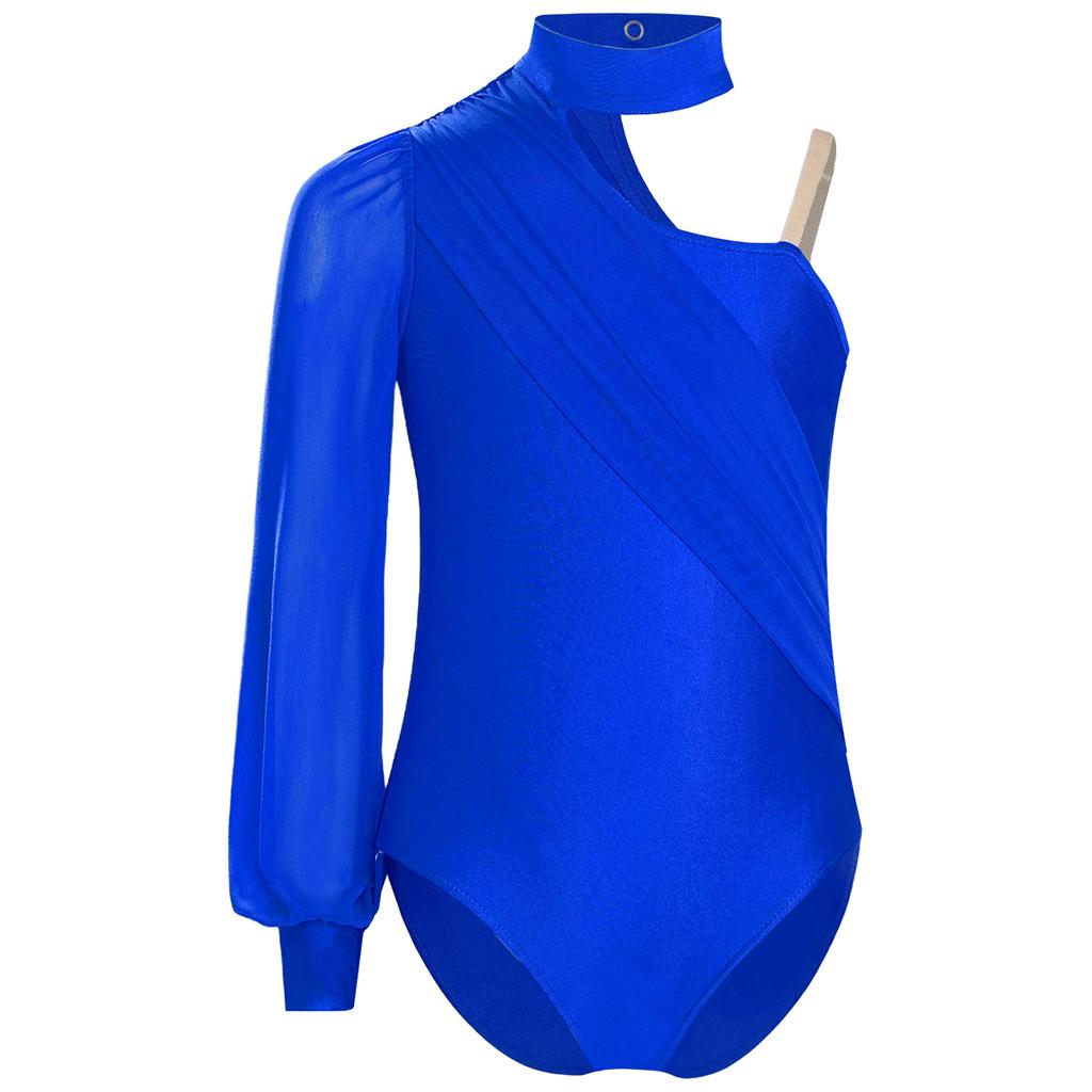 Girls One Shoulder Dance Leotard Stage Performance Costume Mock Neck Long Sleeve Ruched Mesh Overlay Bodysuit for Kids Gymnastics