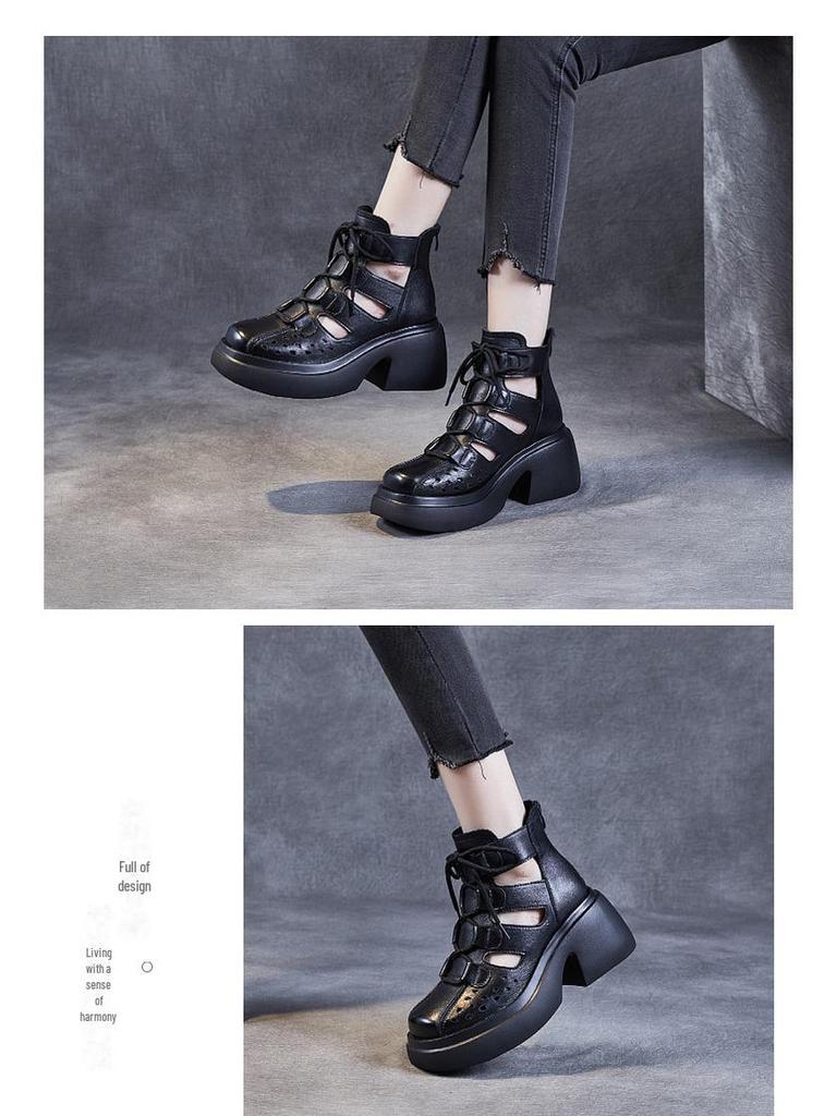 Женские ретро-римские сандалии из коровьей кожи: Коллекция лета 2024 г. — толстая подошва, ажурный дизайн, сетчатый стиль сапог