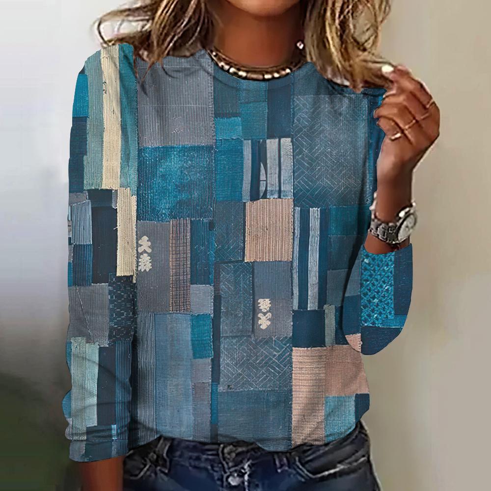 Футболки с длинными рукавами и принтом Fake Cowboys Splicing Print 2024 года, модные женские футболки, топы, осенний тренд, хлопковая женская одежда, пуловер