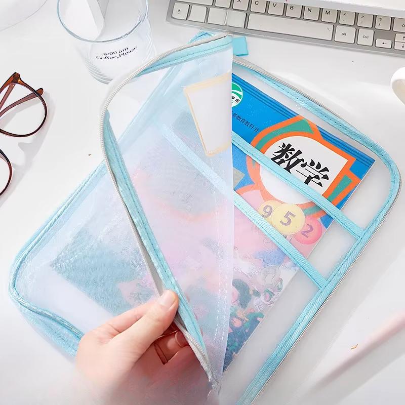 A4 Stationery Storage Bag Double-layer Mesh Zipper Bag Large Capacity Organizer Folders School Office Supplies Stationary Bag