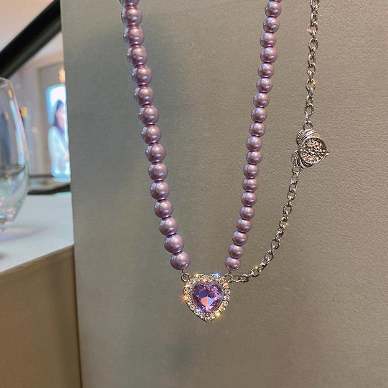 The Same Purple Love Pearl Necklace Light Luxury Rhinestone Collarbone Chain Temperament Choker Collar