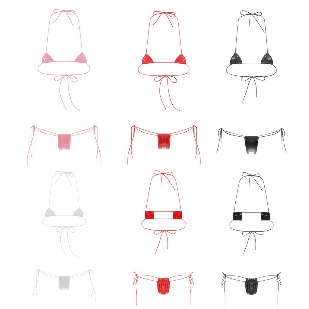 Womens Wet Look Halter Bikini Set High Shine Micro G-string with Adjustable Lace-Up Bra