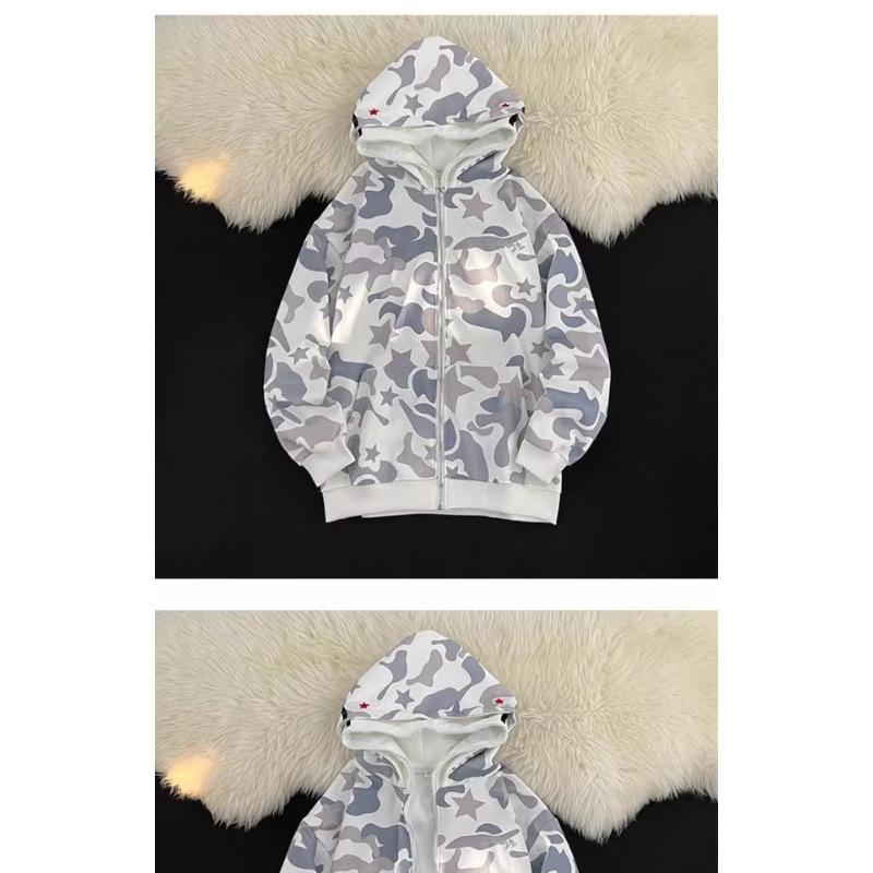 High Street Camo Shark Zip-Up Hoodie - Unisex, BF Style, Long Sleeve with Towel Embroidery
