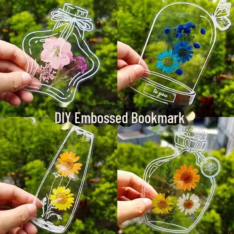 Handmade Transparent Dried Flower Bookmarks with Embossed Leaves - Spring Collection with Mini Bottles