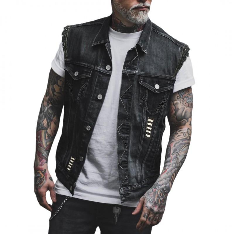 Mens Denim Vest Punk Printed Distressed Washed Casual Workwear Sleeveless Top 2285