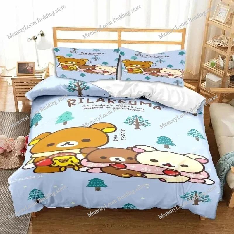 Anime Character Cute Rilakkuma Bear Bedding Set Full/Queen/King Size Duvet Cover Pillowcase Kids Adult Soft Home Textile Set