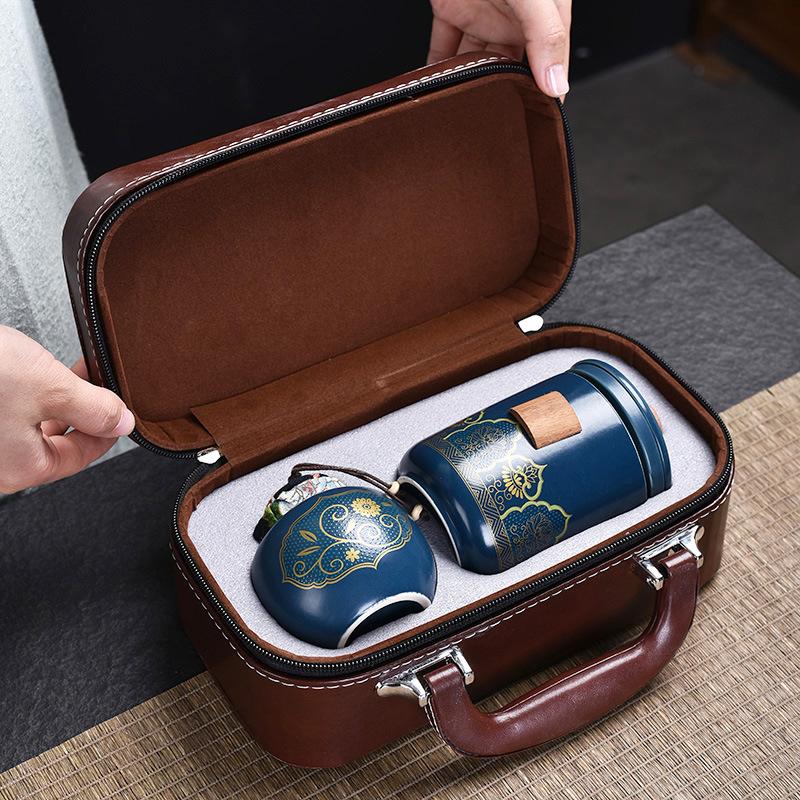 Ceramic travel tea set, portable outdoor express cup, one pot, three groups of souvenirs, tea leaves can be printed