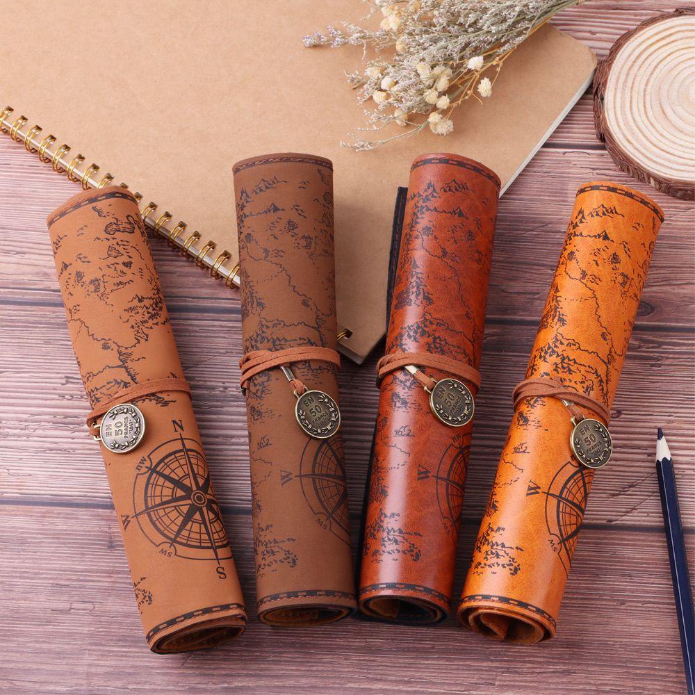 Big Capacity Stationery Supplies Pencil Storage Makeup Brush Pouch Retro Pen Bag Treasure Map Pattern Pencilcase