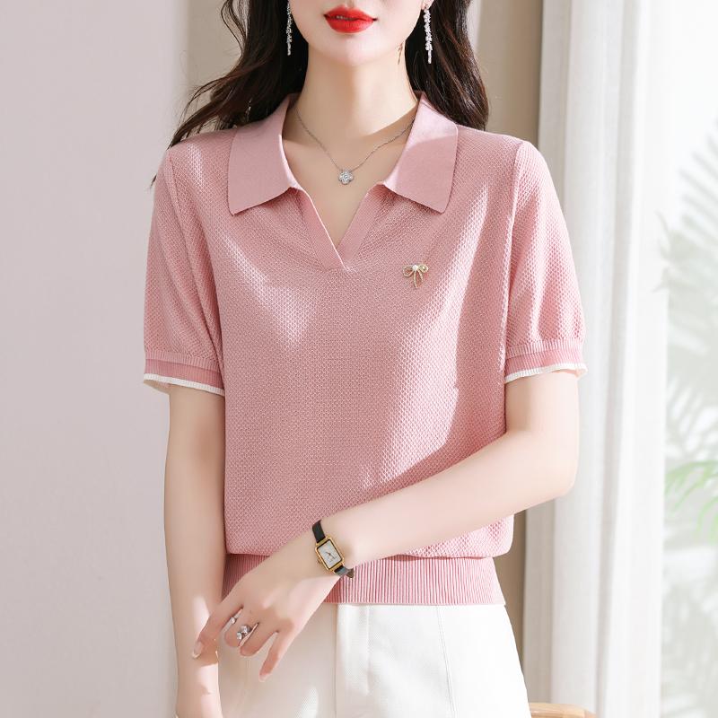 POLO воротник короткий рукав ледяной шелковый трикотажный свитер для женщин тонкая футболка топ летний наряд стильные футболки для мам