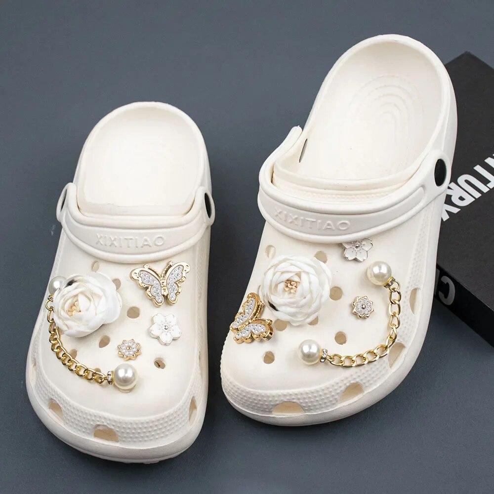 Подвеска для обуви, булавки «сделай сам», белая роза, бабочка, бриллиантовая цепочка, украшение, пряжка для обуви с отверстиями, набор подвесок, аксессуары, подарок для детей для мальчиков и девочек