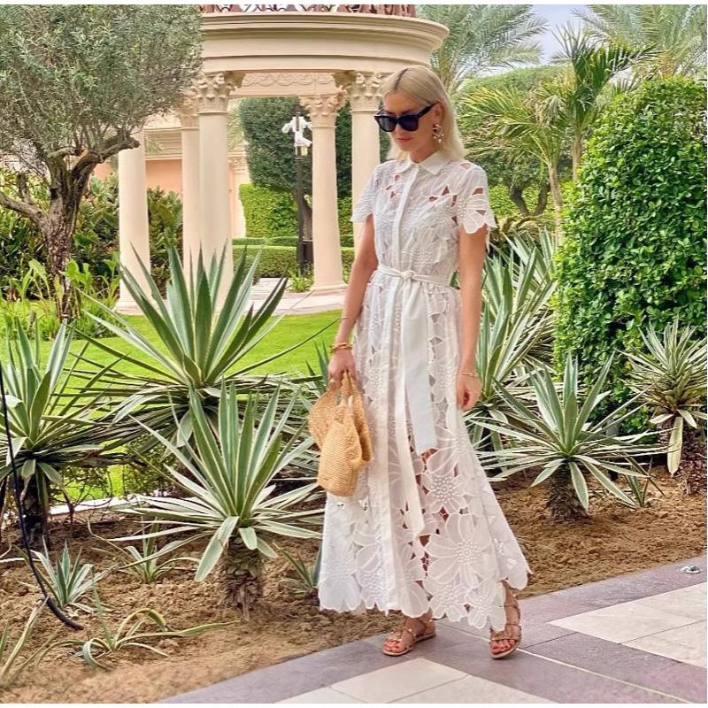 Women's White Hollow Flower Lace Dress 2025 Spring/Summer Short Sleeved Single Breasted Shirt Dress