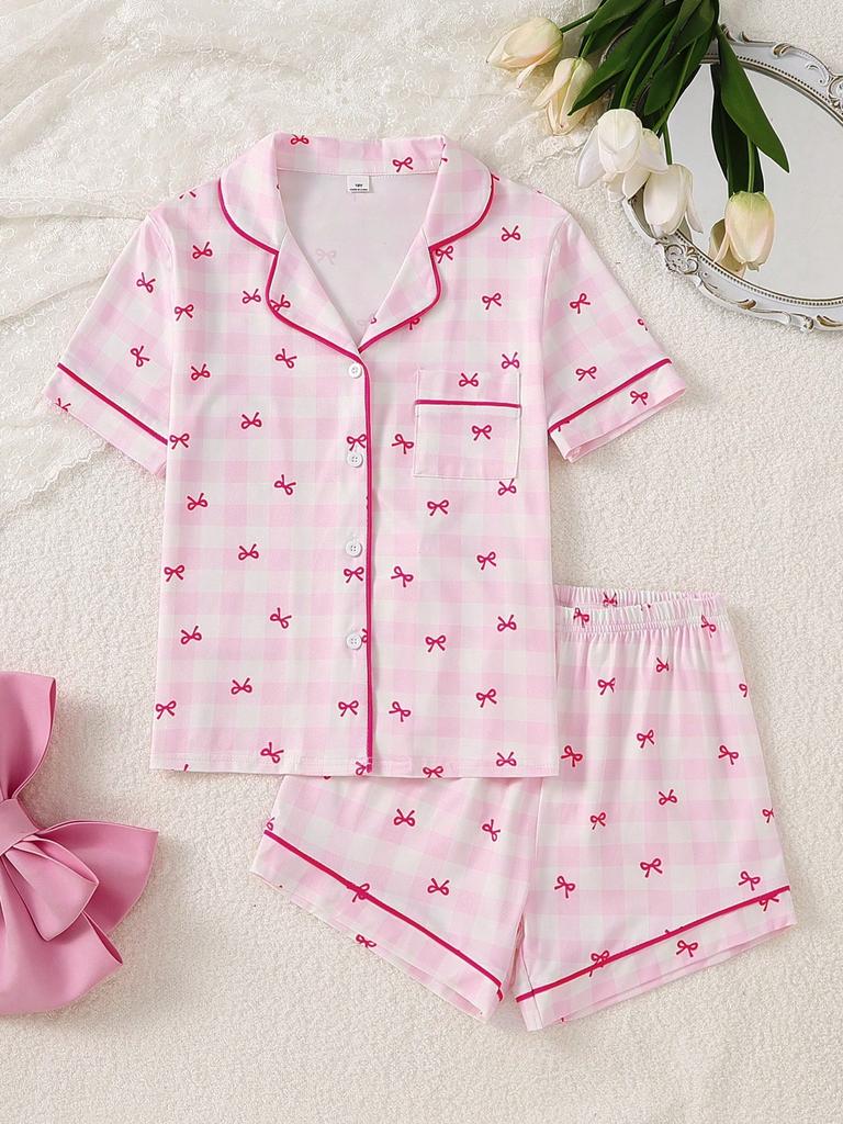 Girls Plaid Bow Print Short Pajama Set, Lapel Button Down Soft Casual Sleepwear for Teen Girls 8-12 Years Old