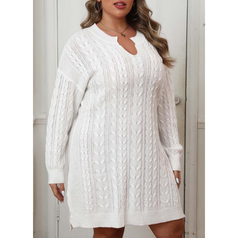 Plus Size Women S V Neck Solid Knit A Line Long Sleeve Dress