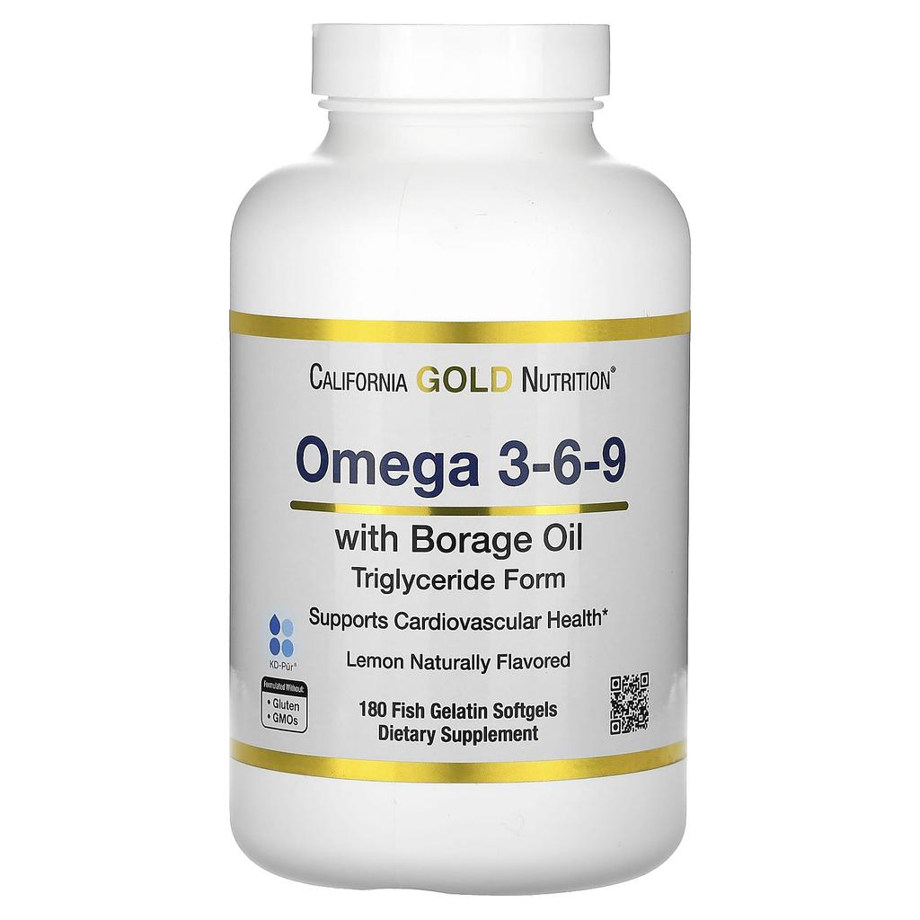 Omega 3-6-9, Omega 3 Fish Oil and Borage Seed Oil, Epa, Dha, Gla, Linoleic Acid, Natural Lemon Flavor, 180 Softgels