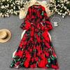 American Chic Maxi Dresses for Women Printed O-neck Lantern Sleeve Female Vestidos De Mujer A-line Lace-up Dress