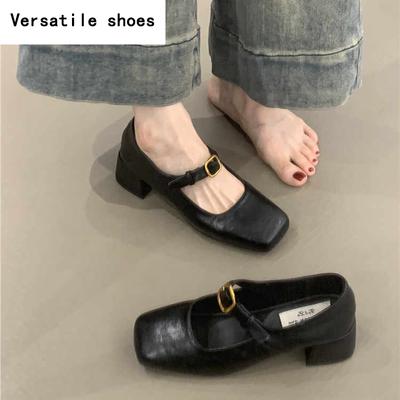 Весна Осень Туфли-лодочки с квадратным носком Женские Уличный стиль Толстый каблук Обувь Винтажные женские туфли Мэри Джейн