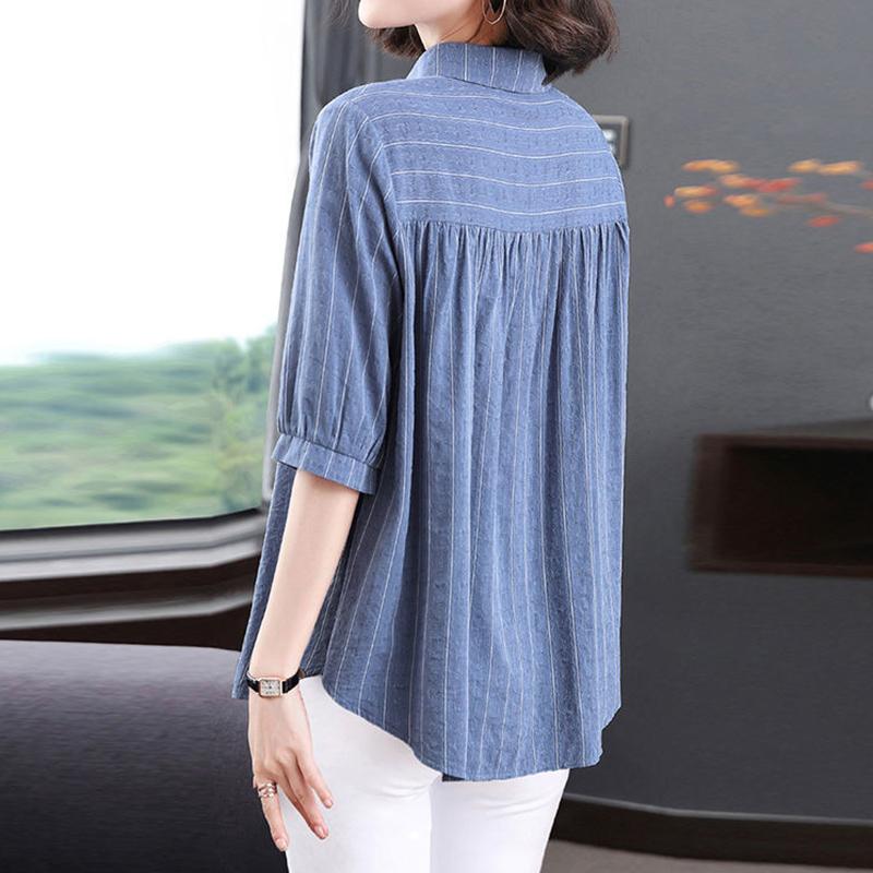 Casual Fashion Elegant Solid Color Striped Printed Button Shirt Summer New Polo-Neck Half Sleeve Loose Tops Ladies Clothing