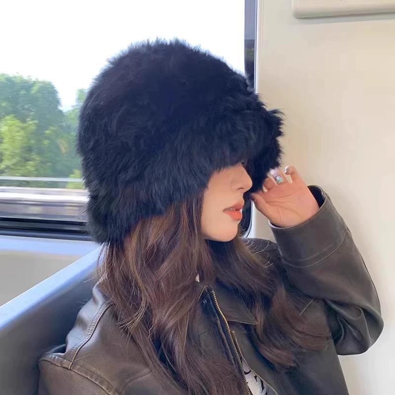 Вязаная шапка-ведро из меха кролика, женская, зима 2023, новая плюшевая утолщенная термошапка с изображением маленького лица