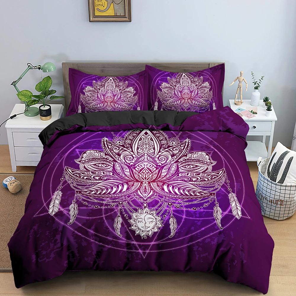 Комплект постельного белья из 2/3 предметов Bohemian Lotus, пододеяльник, пододеяльник с цветочным рисунком Mandala, черный полиэстер, комплект постельного белья для взрослых, размер Queen King Twin, подростков