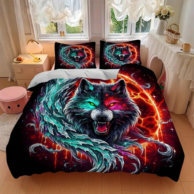 3pcs Galactic Wolf Print Bedding Set (1 Cover + 2 Pillowcases, Without Inserts), This Printed Bedding Set is Soft and Comfortable, Suitable for U