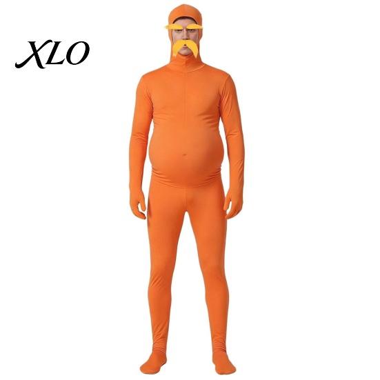 Unisex Halloween Costume Orange Full Bodysuit for Kids Adults, with Belly, Yellow Mustache & Eyebrows, Cosplay Outfit Men Women Open Face Zentai Suit,