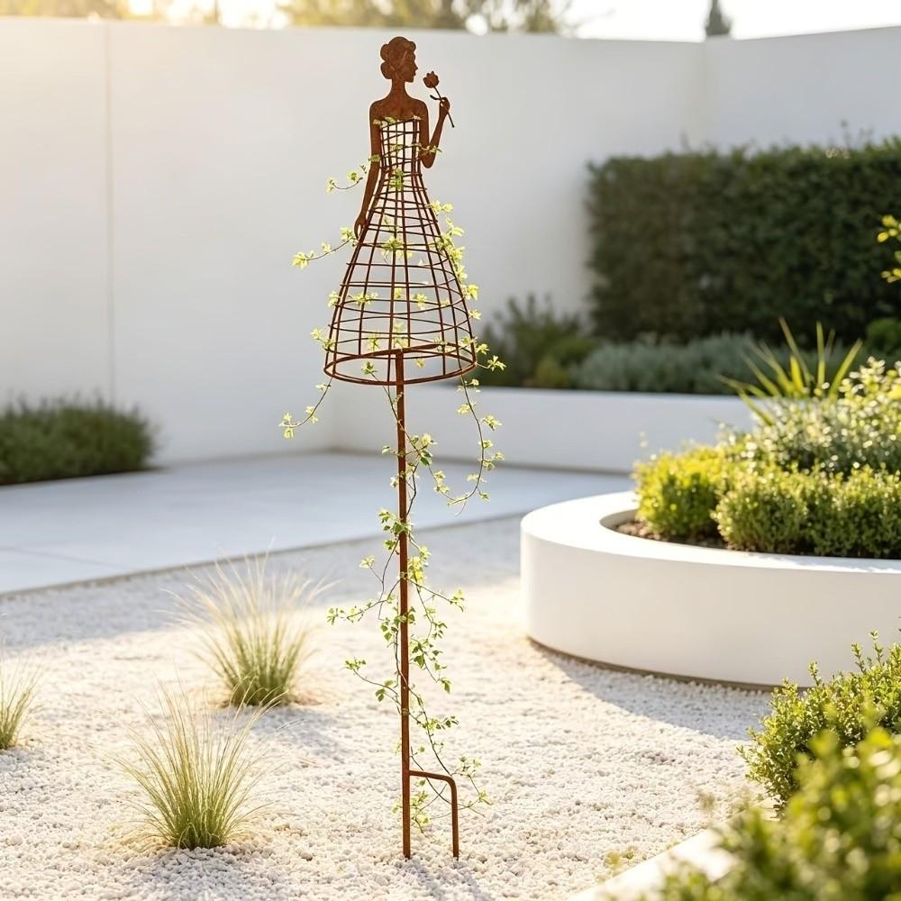 Weather Resistant Dress Lady Shape Plant Trellis Rustic Metal Flower Climbing Rack Potted Plants
