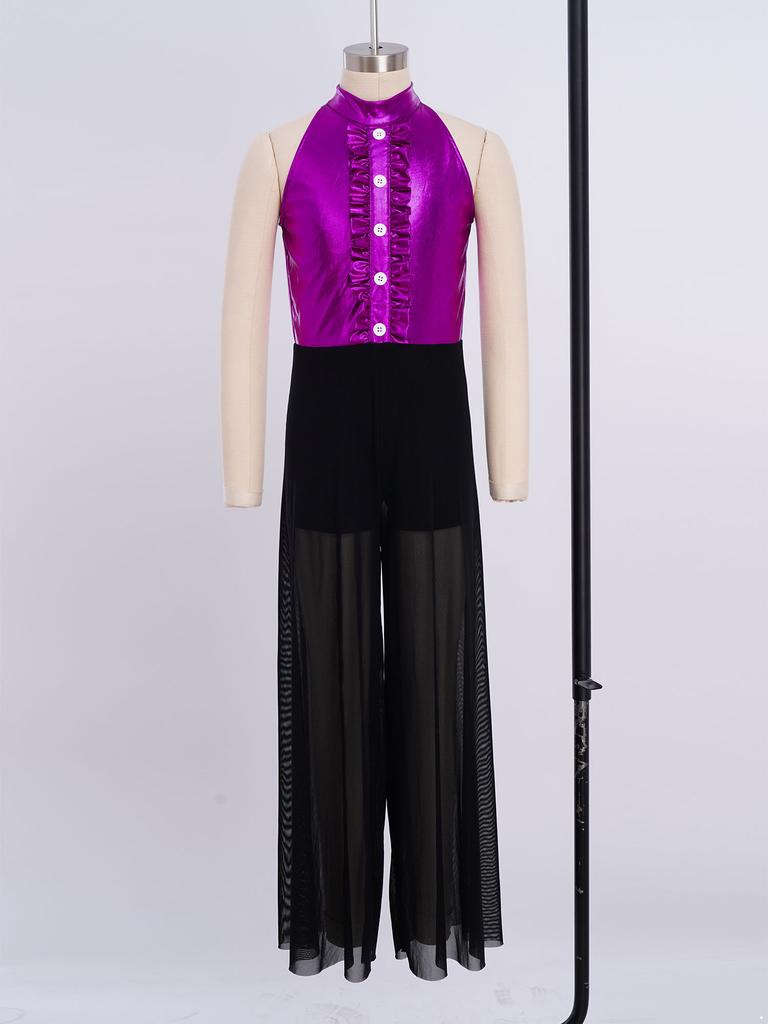 Блестящий металлический и сетчатый танцевальный комбинезон для девочек: Топ без рукавов с воротником-стойкой и оборками на лифе и струящиеся широкие брюки для сцены