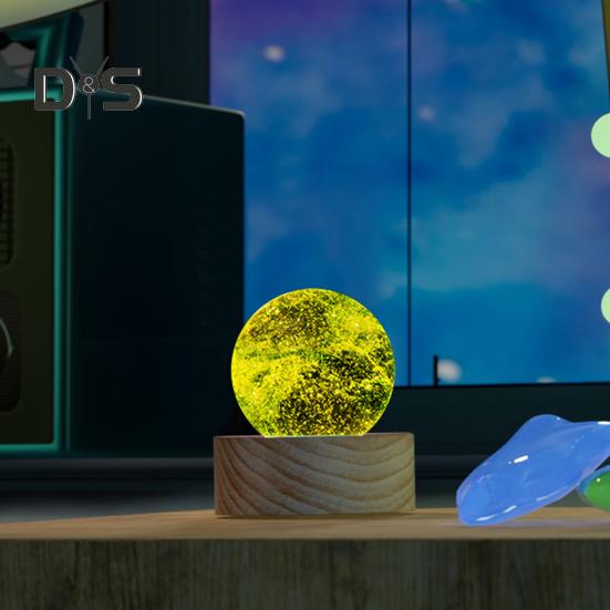 Faux Crystal Glass Balls USB Powered LED Chakra Ball with Wooden Base Ice Cracked Spheres Night Light for Meditation Home Table Decor