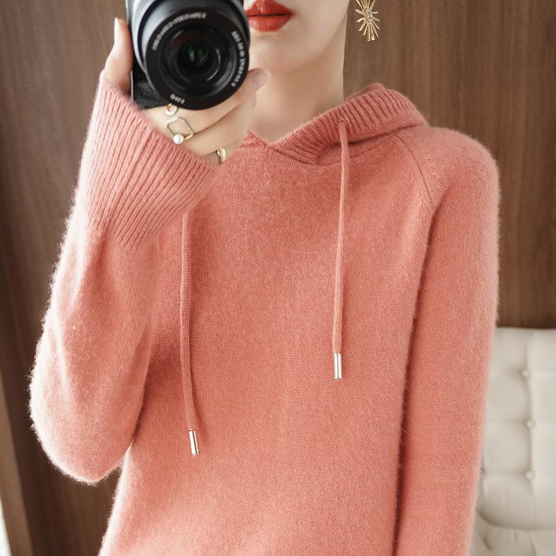 Autumn Winter Korean Ladies Hooded Long Sleeve Knitted Sweater Outerwear Zipper Solid Color Women's Fashion Top