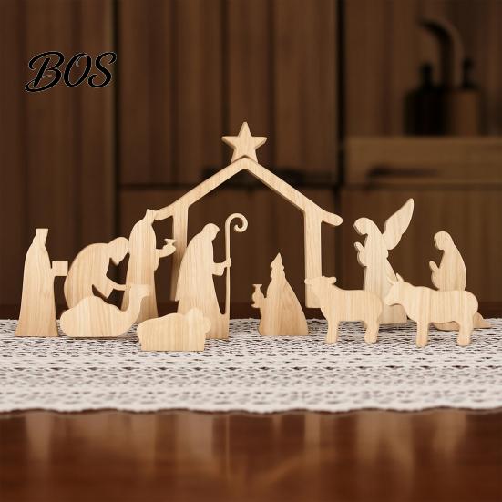 Christian Christmas Story Ornaments 13Pcs Wooden Nativity Scene Set, Mini Holy Family Figurines, Decorations for Bookshelf Tabletop Manger Christan