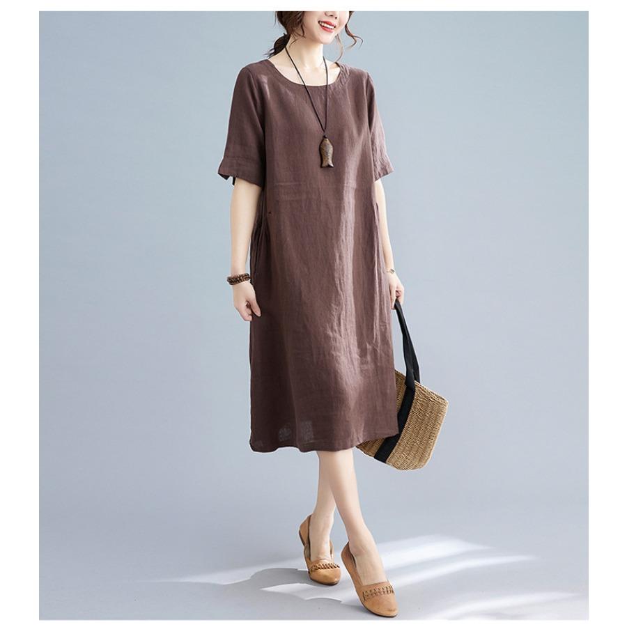 Хлопок лен однотонные винтажные платья лето осень одежда женщины повседневное платье средней длины