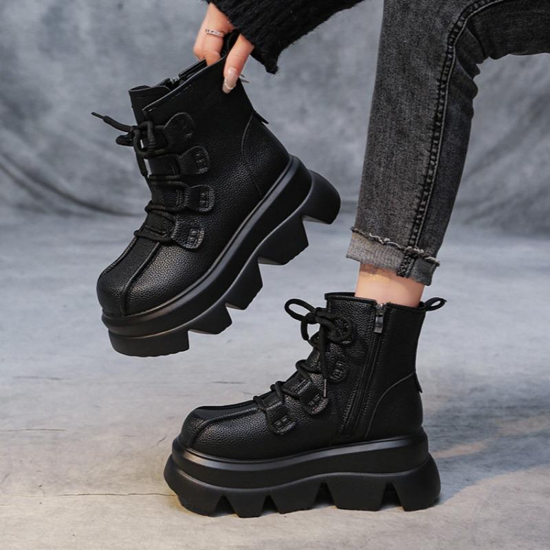 Platform Ankle Women Flats Snow Boots High Heels Leather Shoes Winter Casual Sneakers 2025 Trend Sport Lace Up Retro Botas Mujer