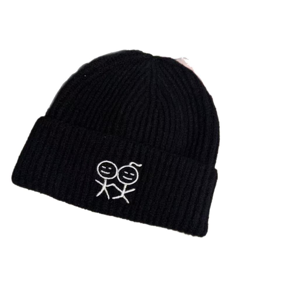 [Stickman Embroidery] Knitted hat women's warm and cold hat shows a small and versatile face