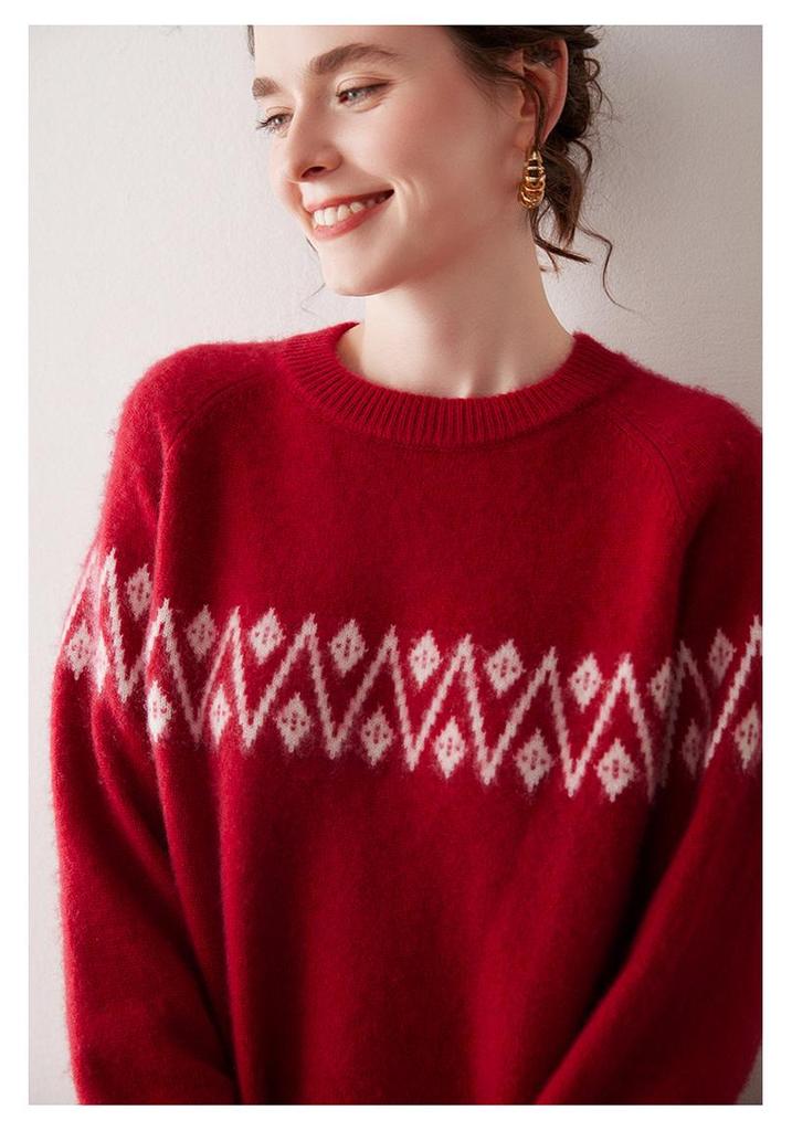 2025 Autumn/Winter Women's Thickened Cashmere Jacquard Slim Fit Knitwear Long Sleeve Round Neck Sweater