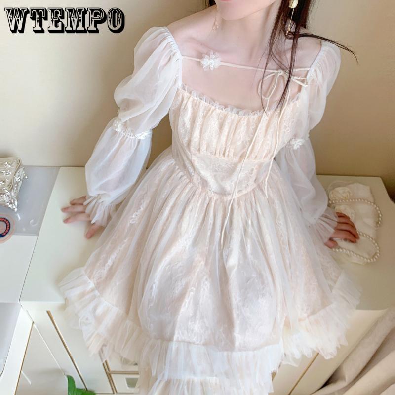 Женское платье в стиле ретро с квадратным вырезом на шнуровке, сказочные нишевые кружевные платья с длинными рукавами