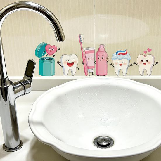 jijijing Cartoon Teeth Wall Stickers, Waterproof PVC Decals, Self Adhesive Art Cute Tooth Brushing Art, Removable Decals for Kids Bathroom Dental