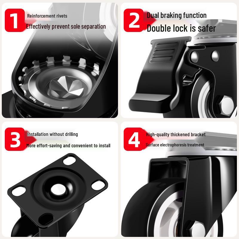 1.5-2 Inch Gold Diamond Black Casters with Brake - Industrial Directional Rollers Silent Wheels