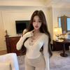 Lace splicing sexy v-neck long-sleeved T-shirt women's winter pure desire wind slim waist white bottoming shirt top